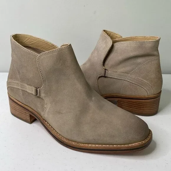 Diba True Caspian Suede Distressed Pull-On Bootie Low Stack Heel Square Toe Beig